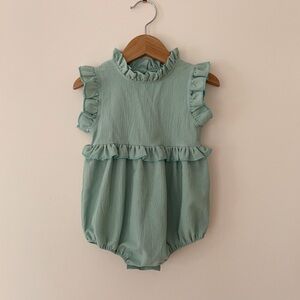 EUC Sage Green Elegant High Neck Ruffle Minimalist Spring Bubble